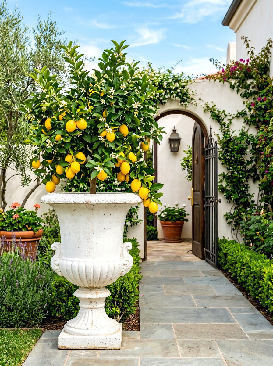 Tall Urn With Meyer Lemon - 30 potted citrus front entry ideas