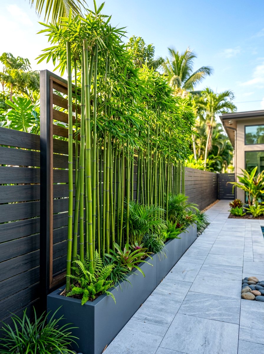 Tall bamboo privacy screen - 30 border planting ideas along fence