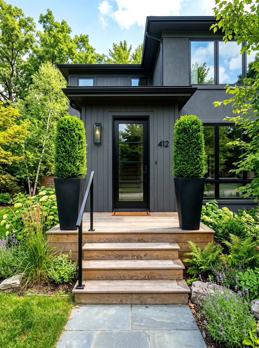 Tall black tapered planters - 30 porch step planter ideas