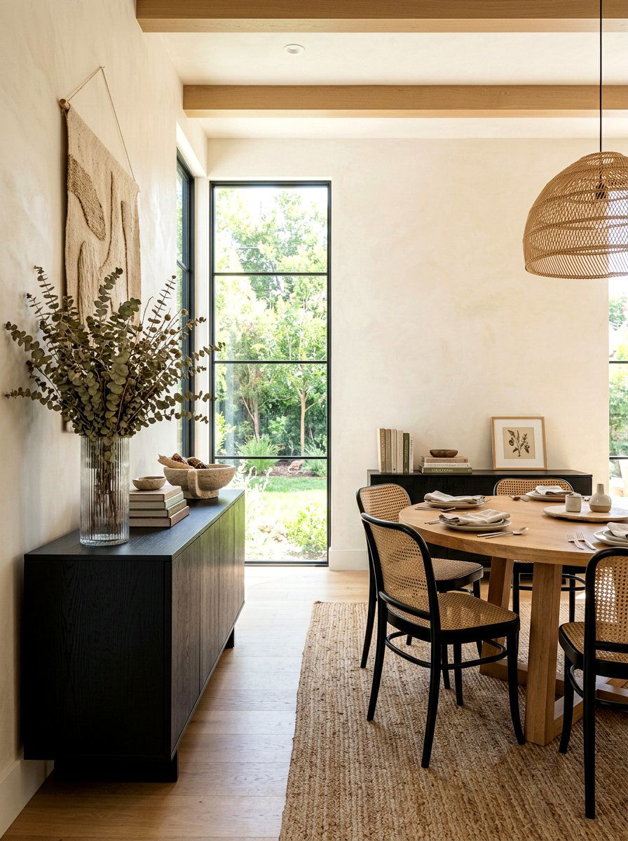 Tall botanical branches in dining room vase - 30 dining room sideboard styling ideas