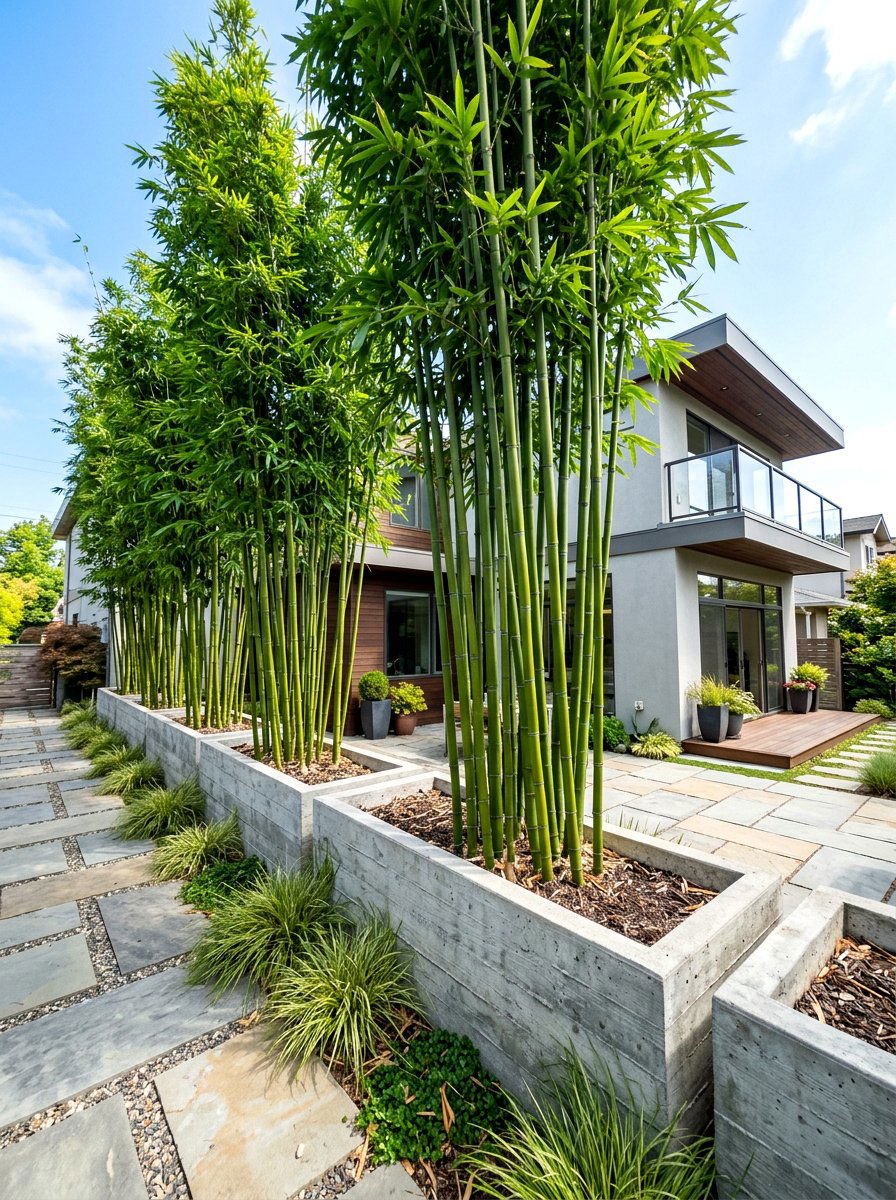 Tall clumping bamboo in troughs - 30 bamboo planter screen ideas
