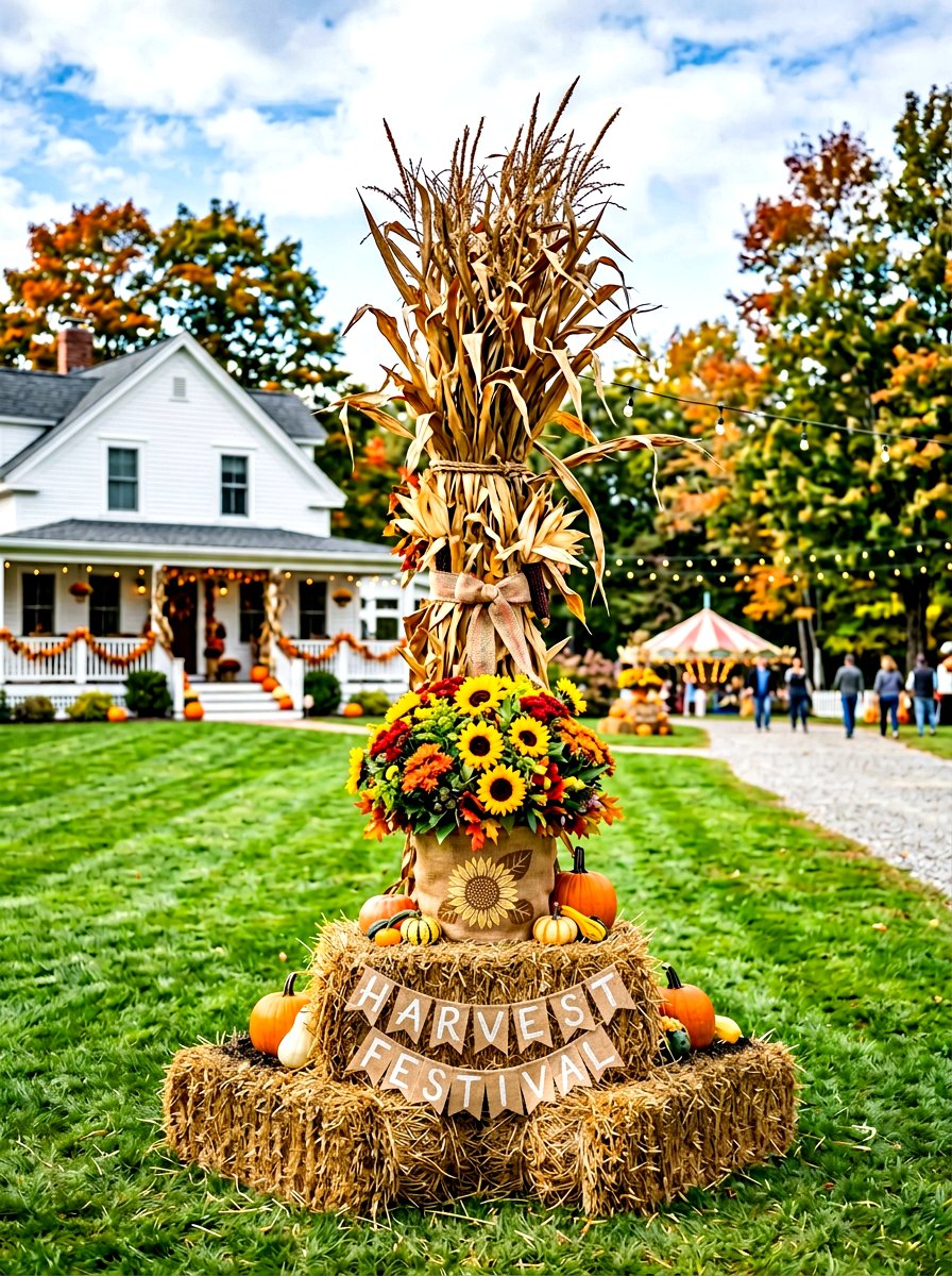 Tall corn stalk and hay bale planter - 30 autumn planter ideas
