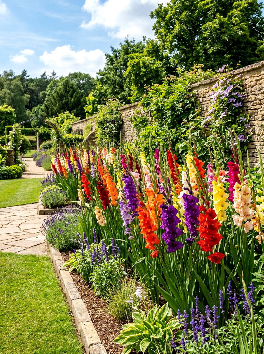 Tall gladiolus flower garden - 30 summer bloom garden ideas
