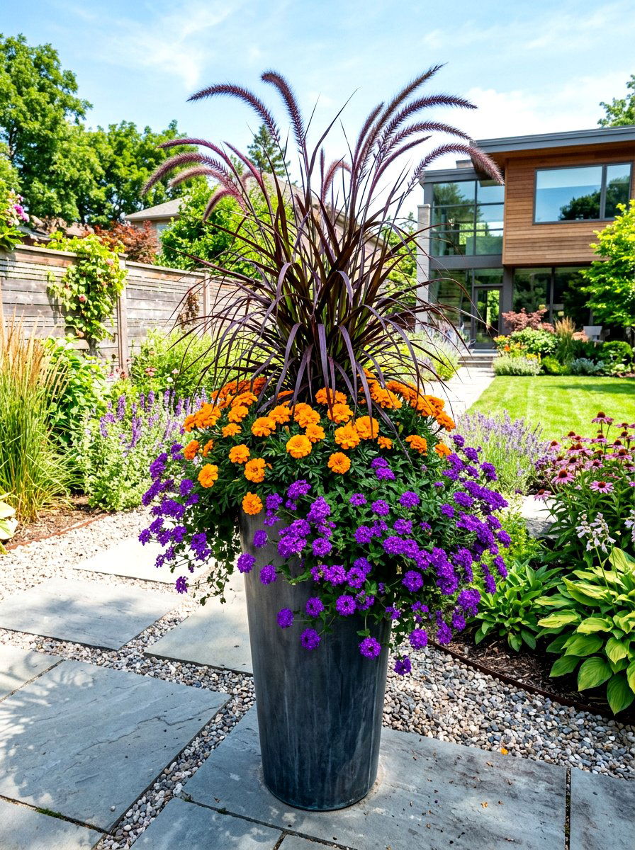 Tall grass pot - 30 mixed container garden ideas