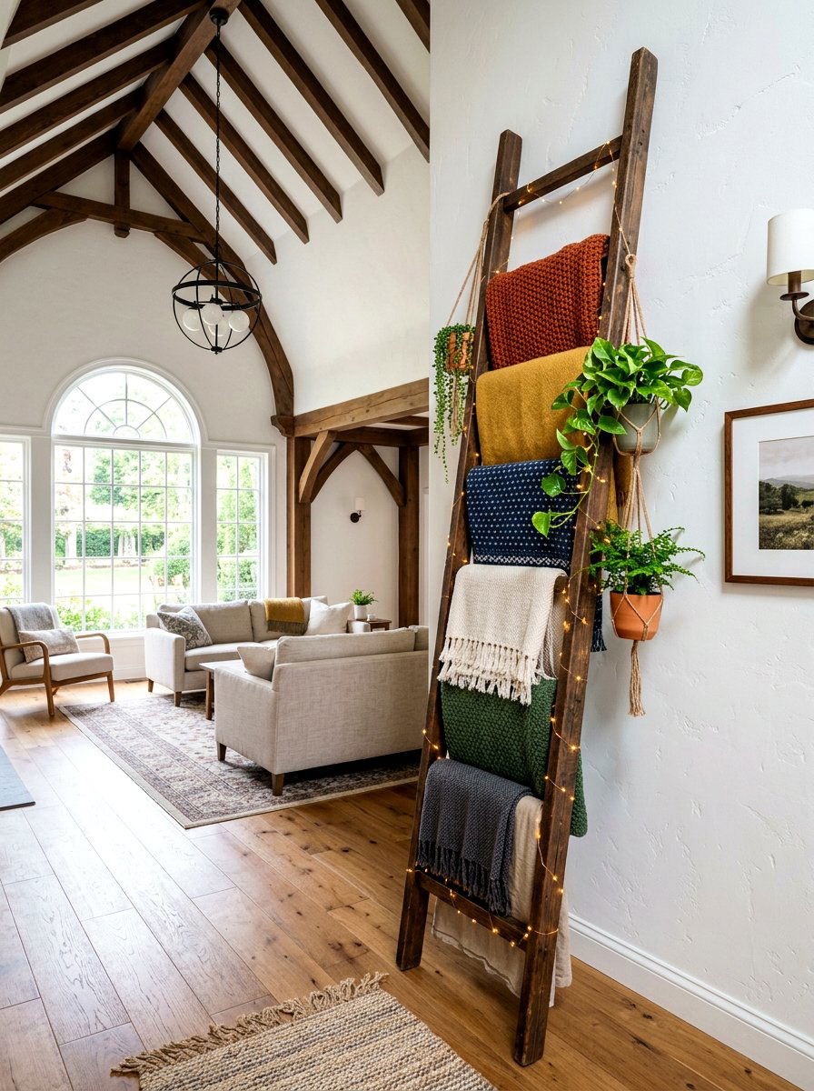 Tall leaning blanket ladder - 30 corner ladder blanket ideas