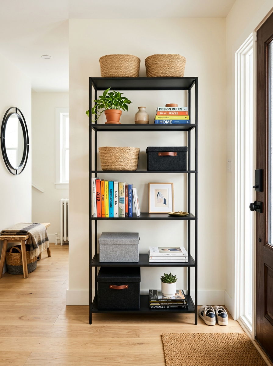 Tall open shelving unit - 30 small entryway ideas