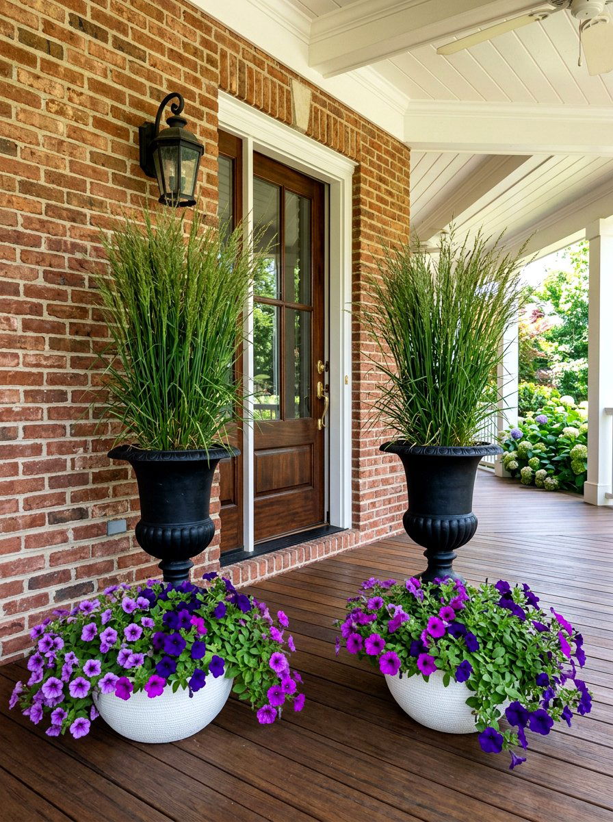 Tall planters behind short pots - 30 spring porch layering ideas