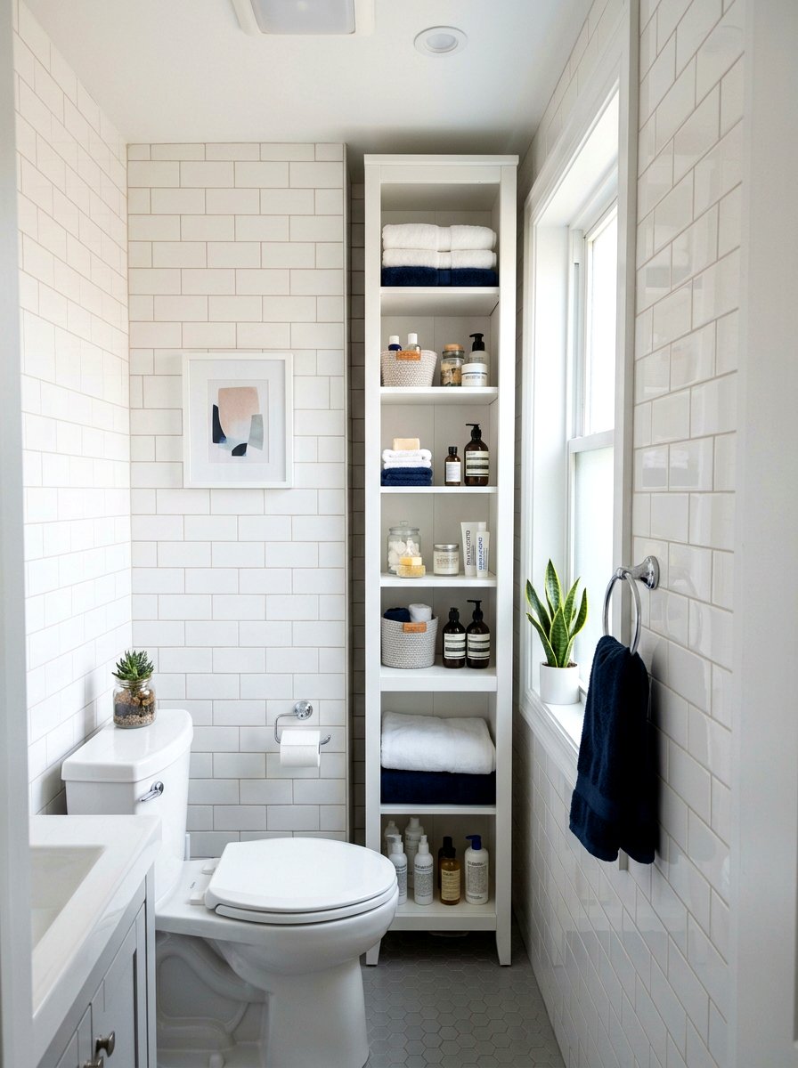 Tall slim bathroom storage cabinet - 30 renter safe bathroom shelf ideas
