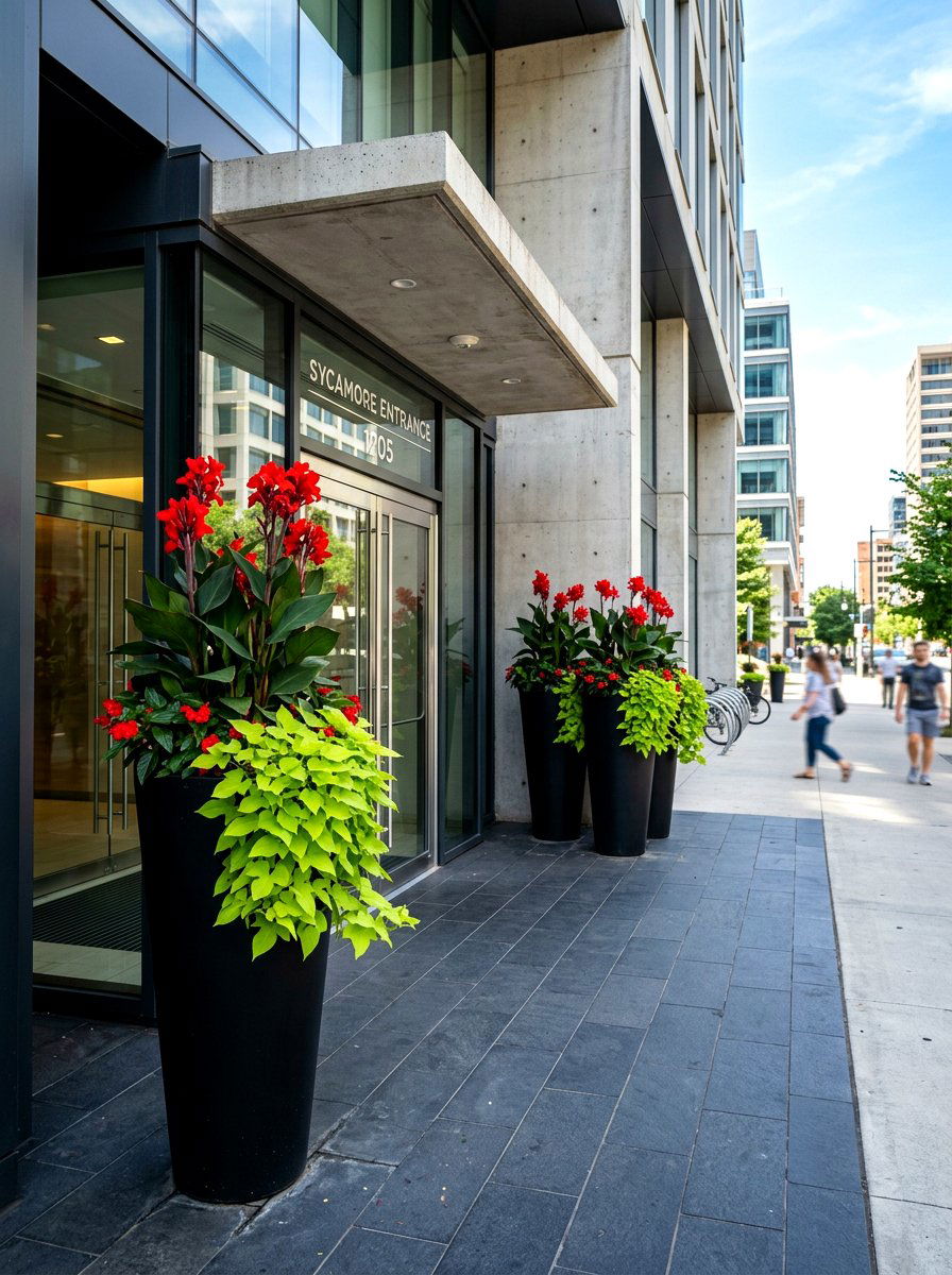 Tall tapered black planters - 30 front porch planter ideas