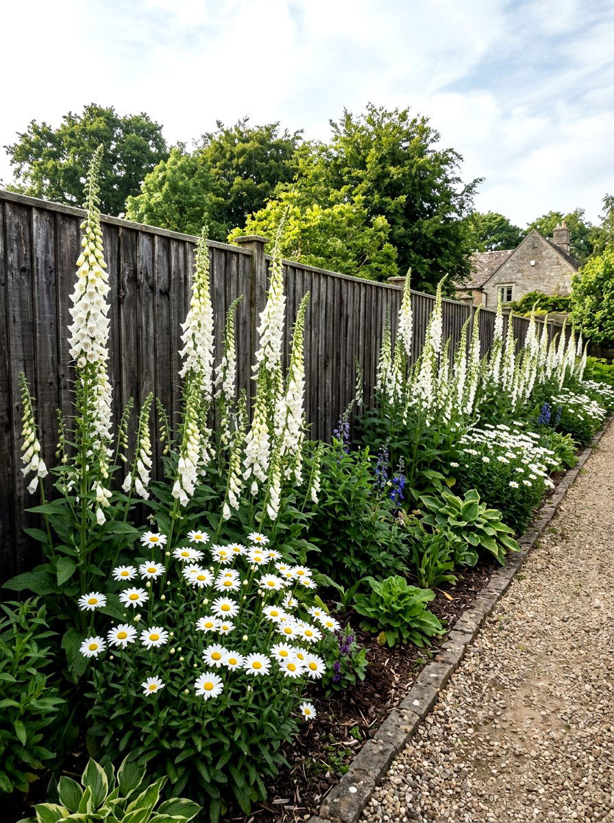 Tall white foxglove border - 30 white garden border ideas