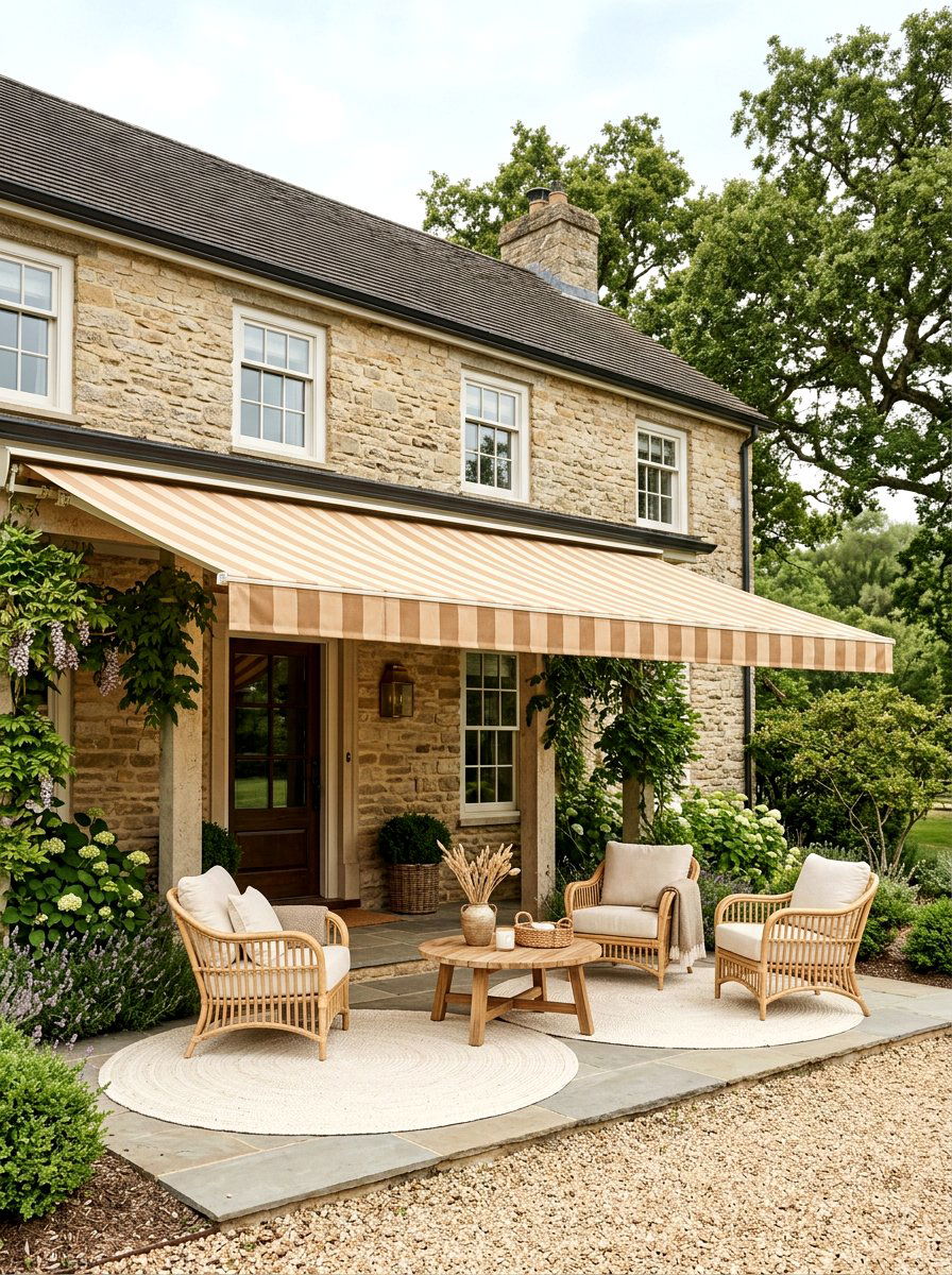 Tan And Beige Neutral Striped Awning - 30 striped awning front porch ideas
