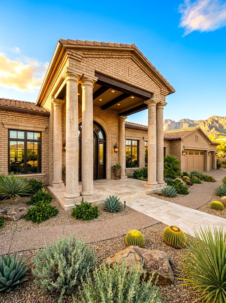 Tan Brick Limestone Columns - 30 brick and limestone exterior ideas