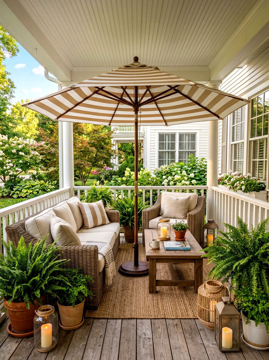 Tan Striped Umbrella - 30 striped porch umbrella ideas