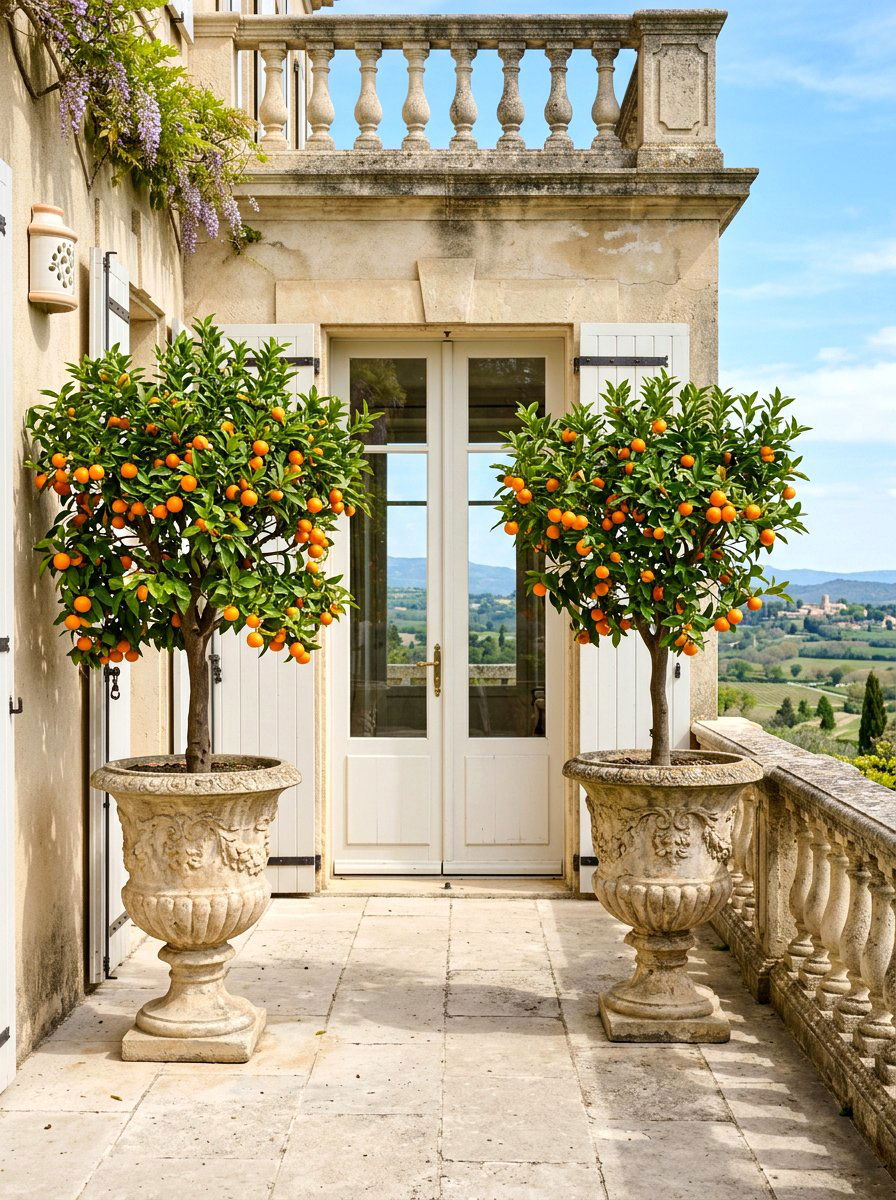 Tangerine Tree Stone Urn Garden - 30 citrus patio tree ideas