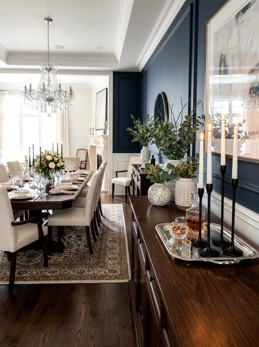 Taper candle holders on dining room buffet - 30 dining room sideboard styling ideas