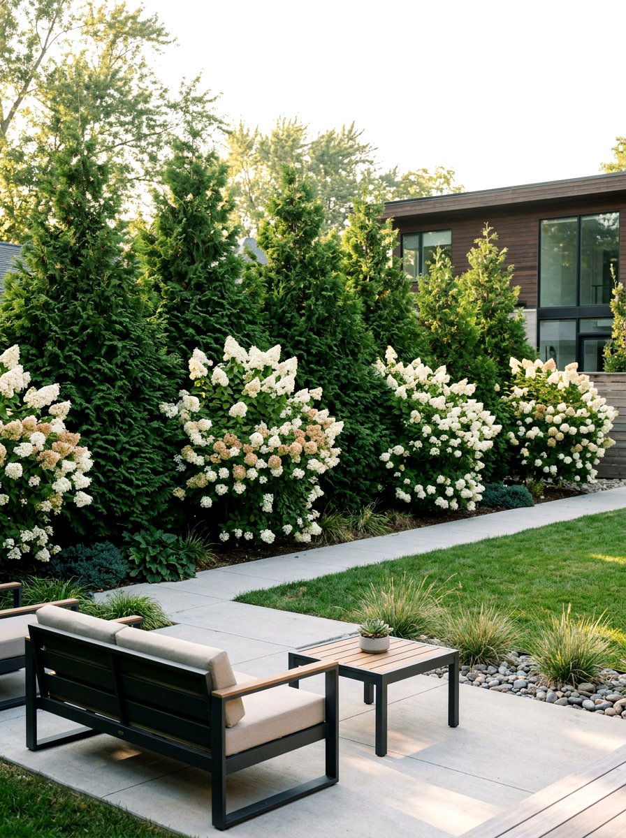 Tardiva hydrangea and false cypress screen - 30 evergreen and hydrangea landscape ideas