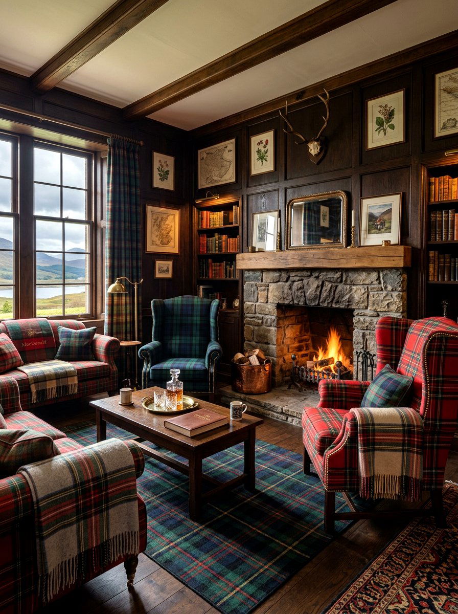 Tartan Fabric Living Room - 30 moody English living room ideas