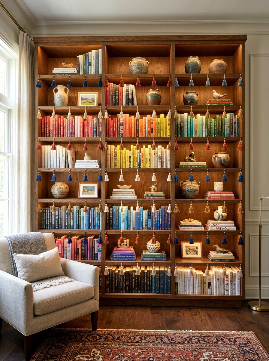 Tassel Bookshelf Decor - 30 tassel decor living room ideas
