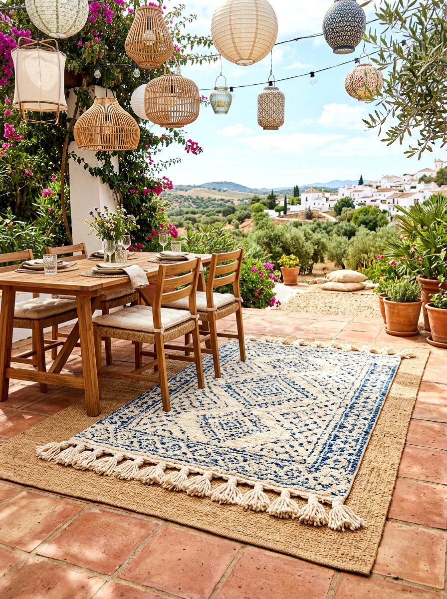 Tassel Rug Over Flatweave Base - 30 outdoor rug layering ideas
