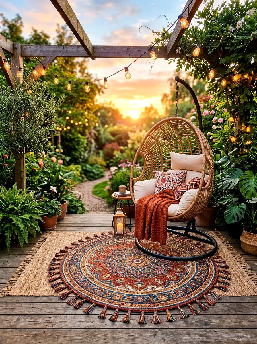 Tassel Rug Over Round Woven Base - 30 layered outdoor rug ideas