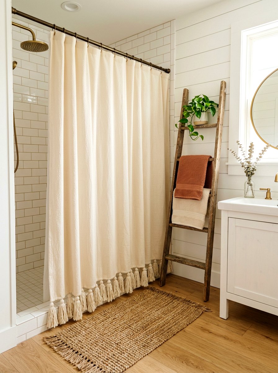 Tassel Shower Curtain - 30 boho bathroom ideas