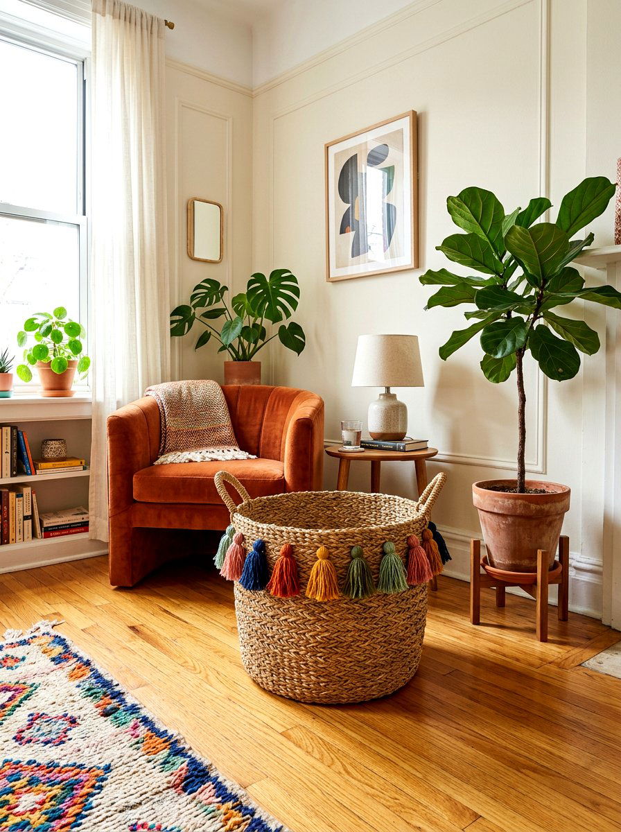 Tassel Storage Basket - 30 tassel decor living room ideas
