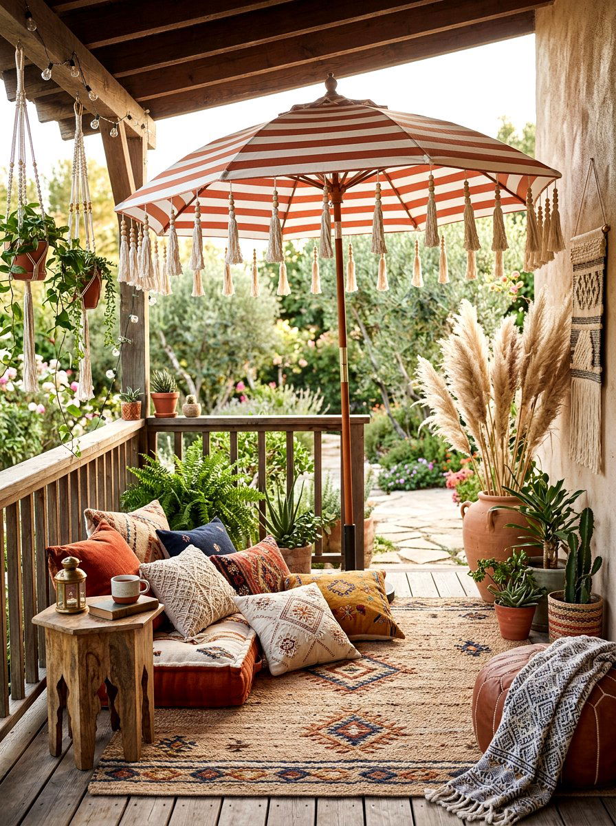 Tassel Striped Umbrella - 30 striped porch umbrella ideas