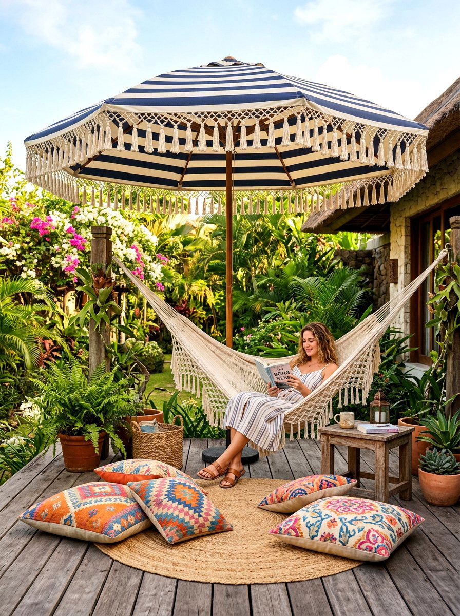 Tassel fringe striped patio umbrella - 30 striped patio umbrella ideas