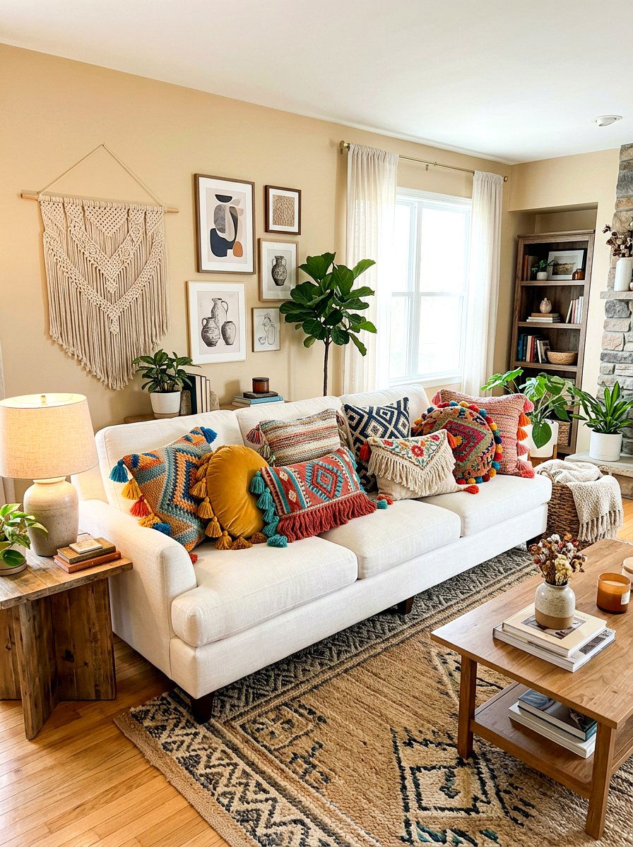Tassel throw pillows - 30 soft spring living room ideas