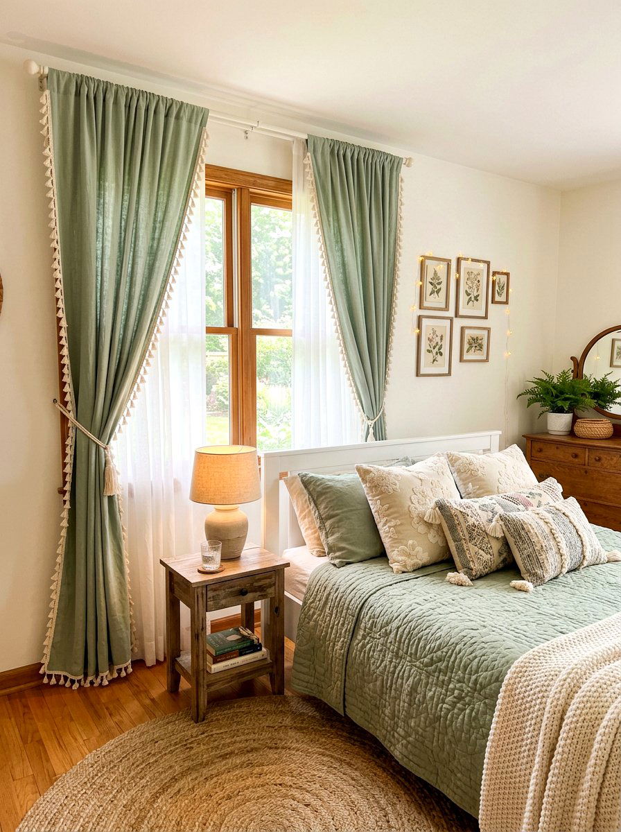 Tassel trim curtains over plain sheers - 30 bedroom curtain layering ideas