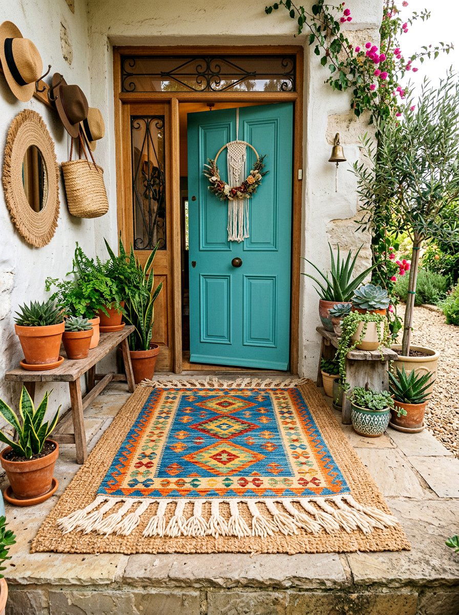 Tasseled Boho Rug Over Simple Coir - 30 entrance rug layering ideas