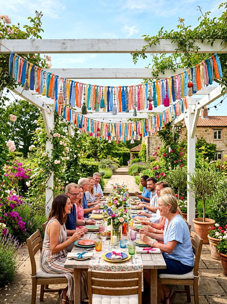 Tasseled Fabric Garland - 30 bohemian patio decor ideas