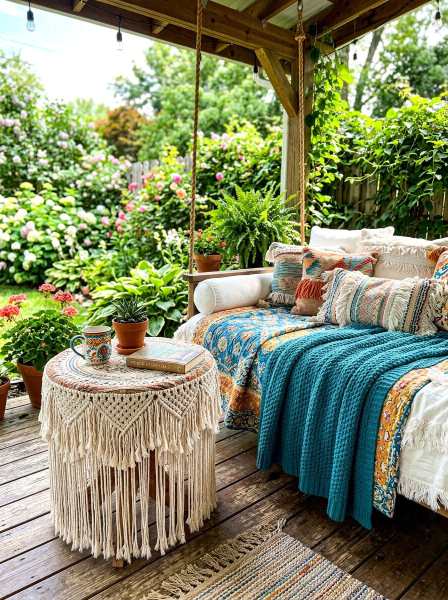 Tasseled Fringe Side Table - 30 porch skirted table ideas