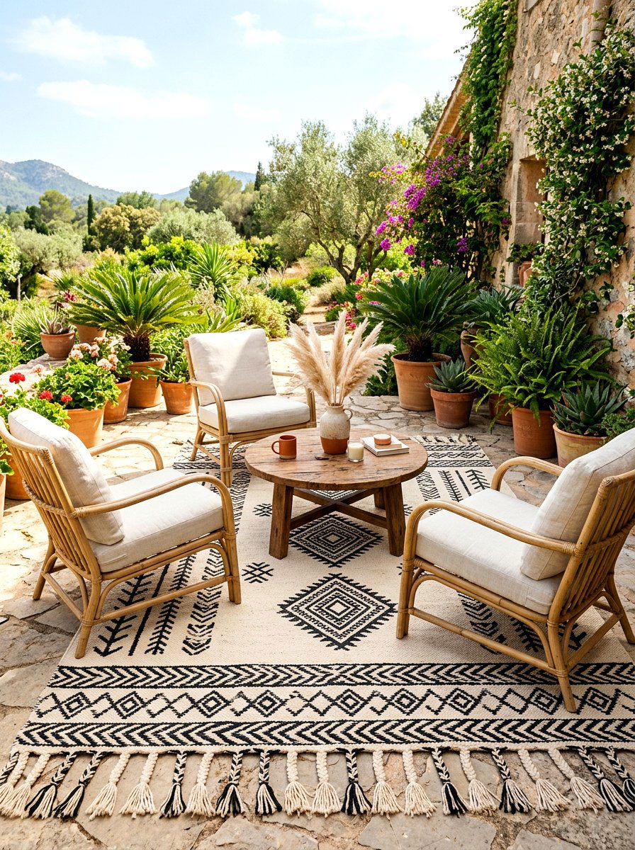 Tasseled outdoor rug - 30 boho outdoor furniture ideas