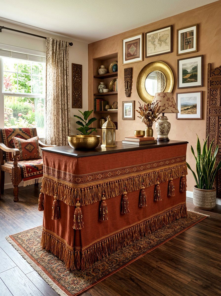 Tasseled table skirt - 30 skirted console table ideas