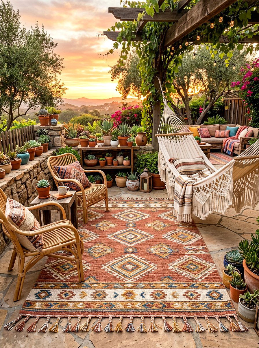 Tasselled Boho Patio Rug - 30 patio rug ideas
