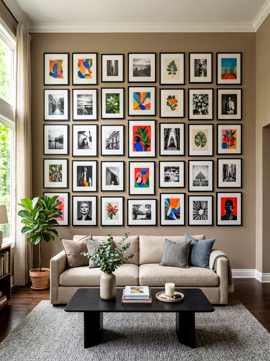 Taupe Black Gallery Wall - 30 taupe and black living room ideas