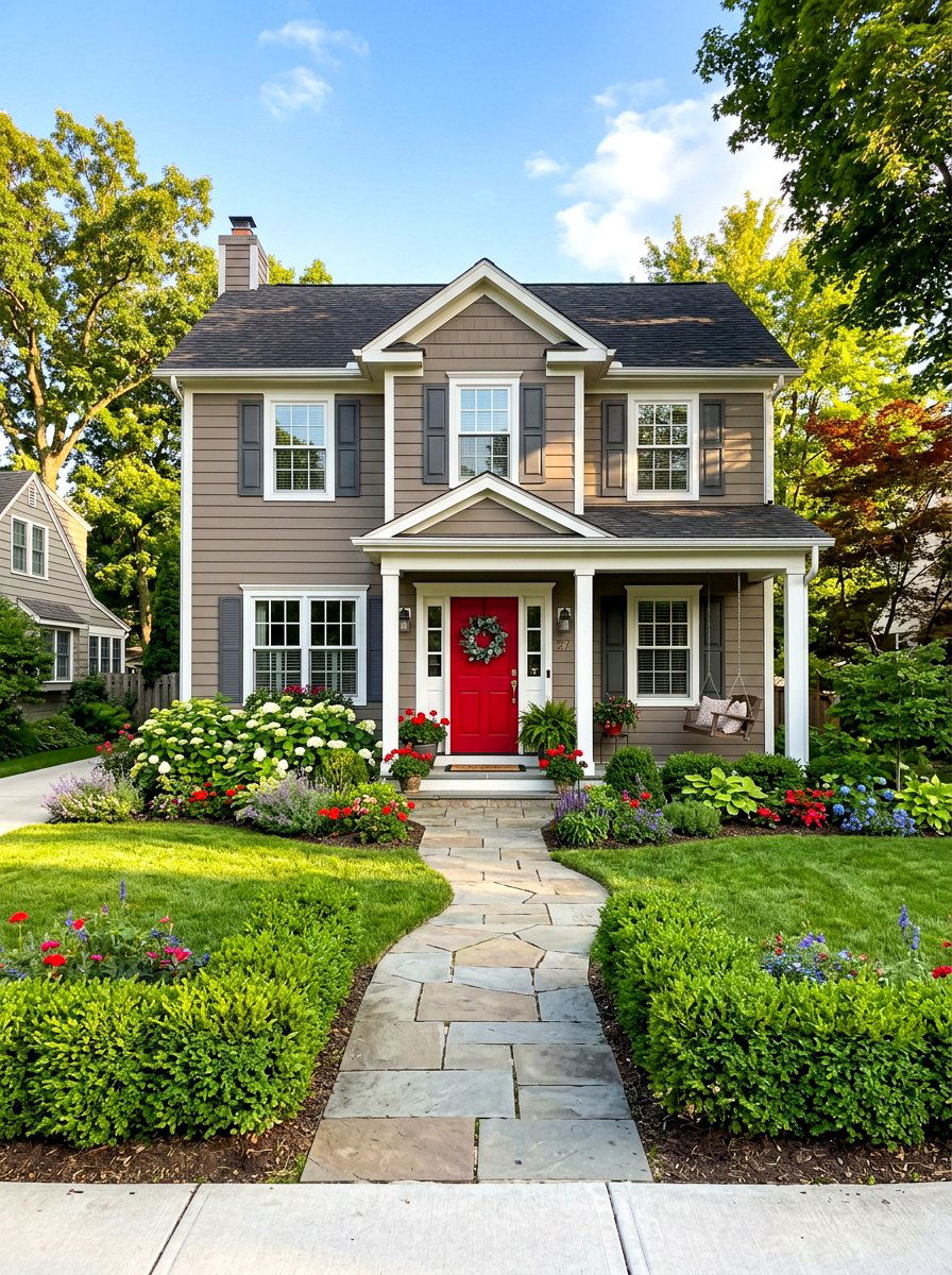 Taupe Exterior With Red Door - 30 taupe exterior ideas
