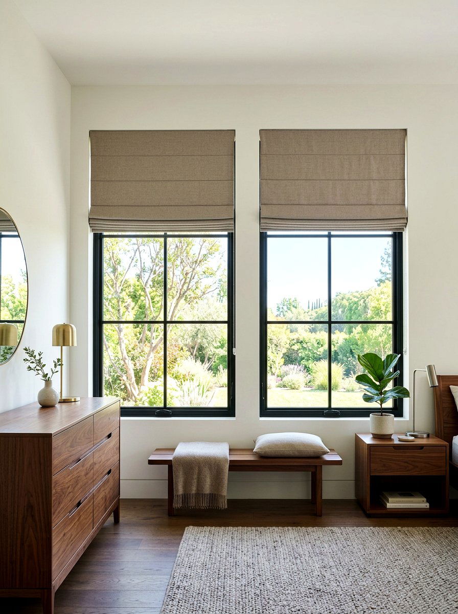 Taupe Roman shades with walnut furniture - 30 taupe and walnut bedroom ideas