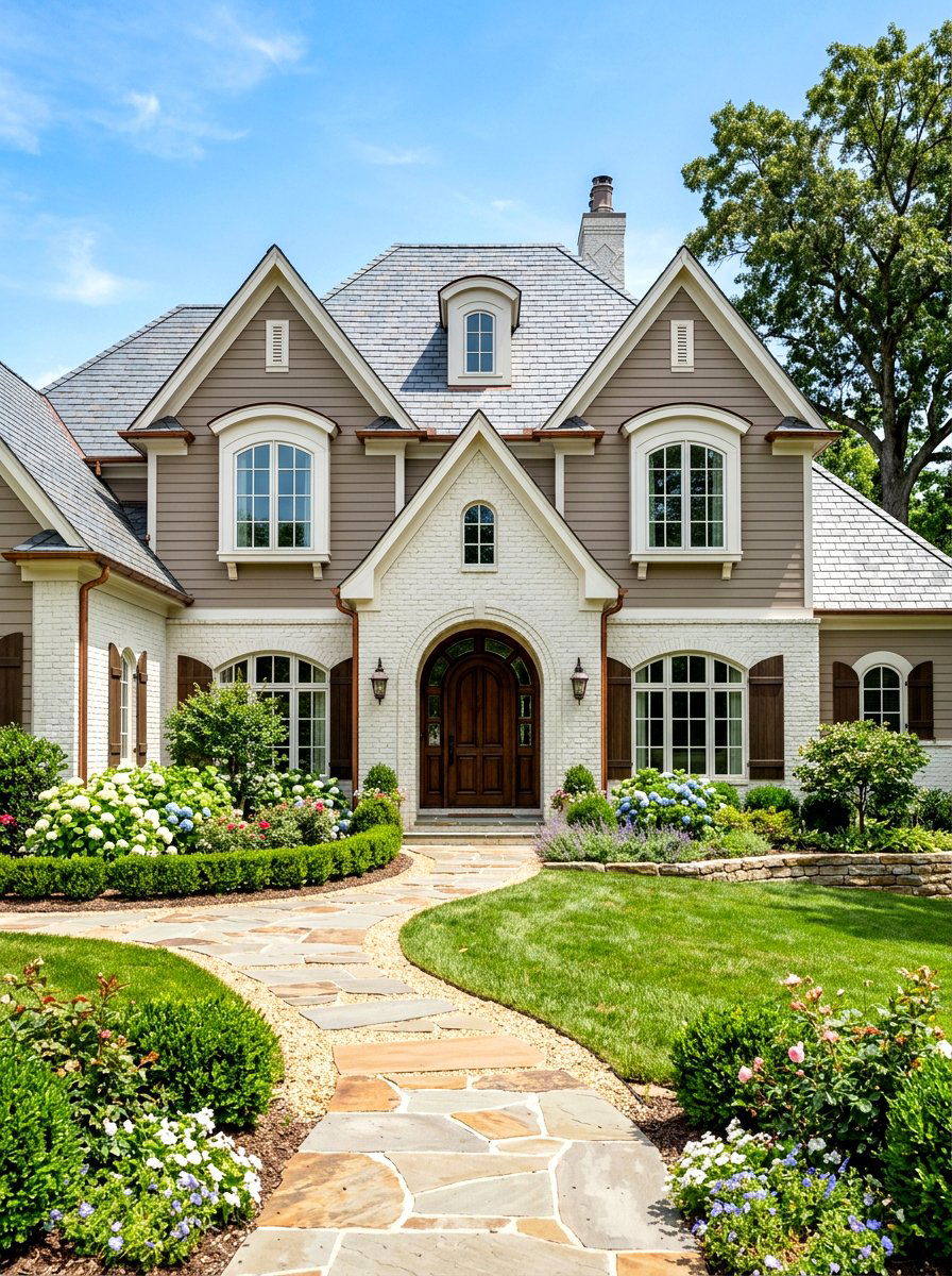 Taupe Siding Combined With White Brick Accents - 30 mixed siding exterior ideas