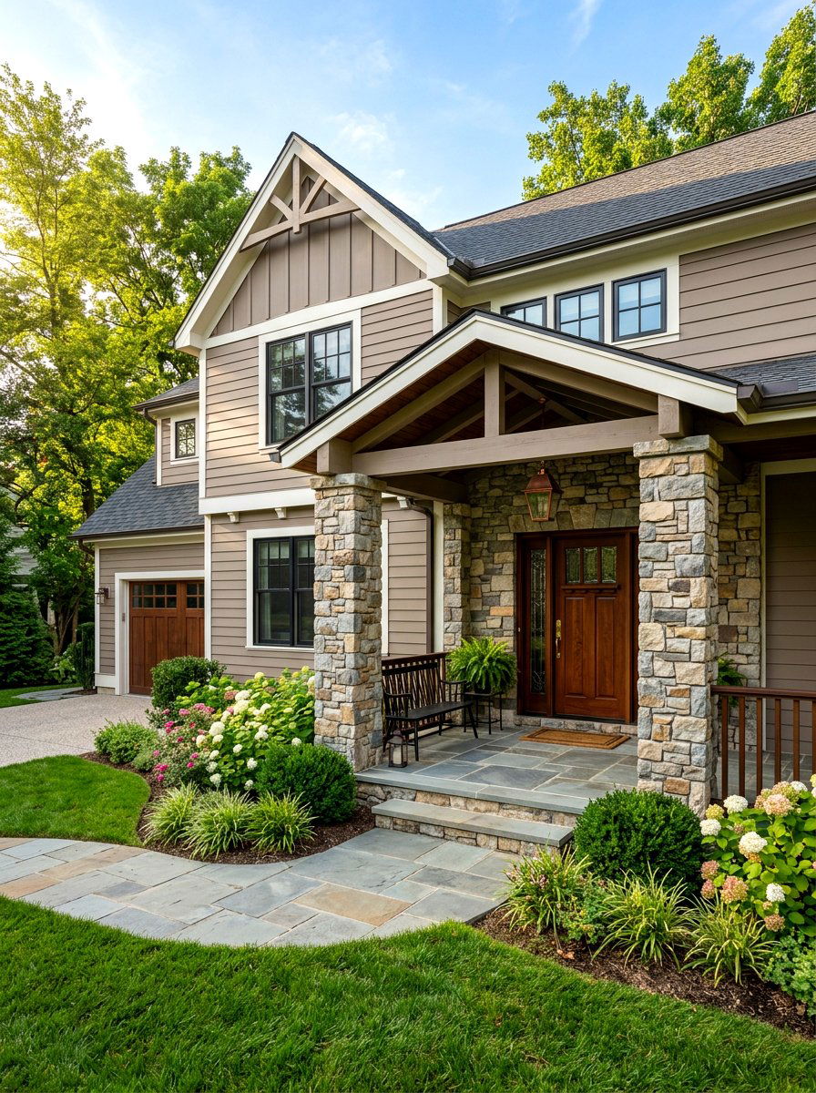 Taupe Siding With Stone Porch - 30 taupe exterior ideas