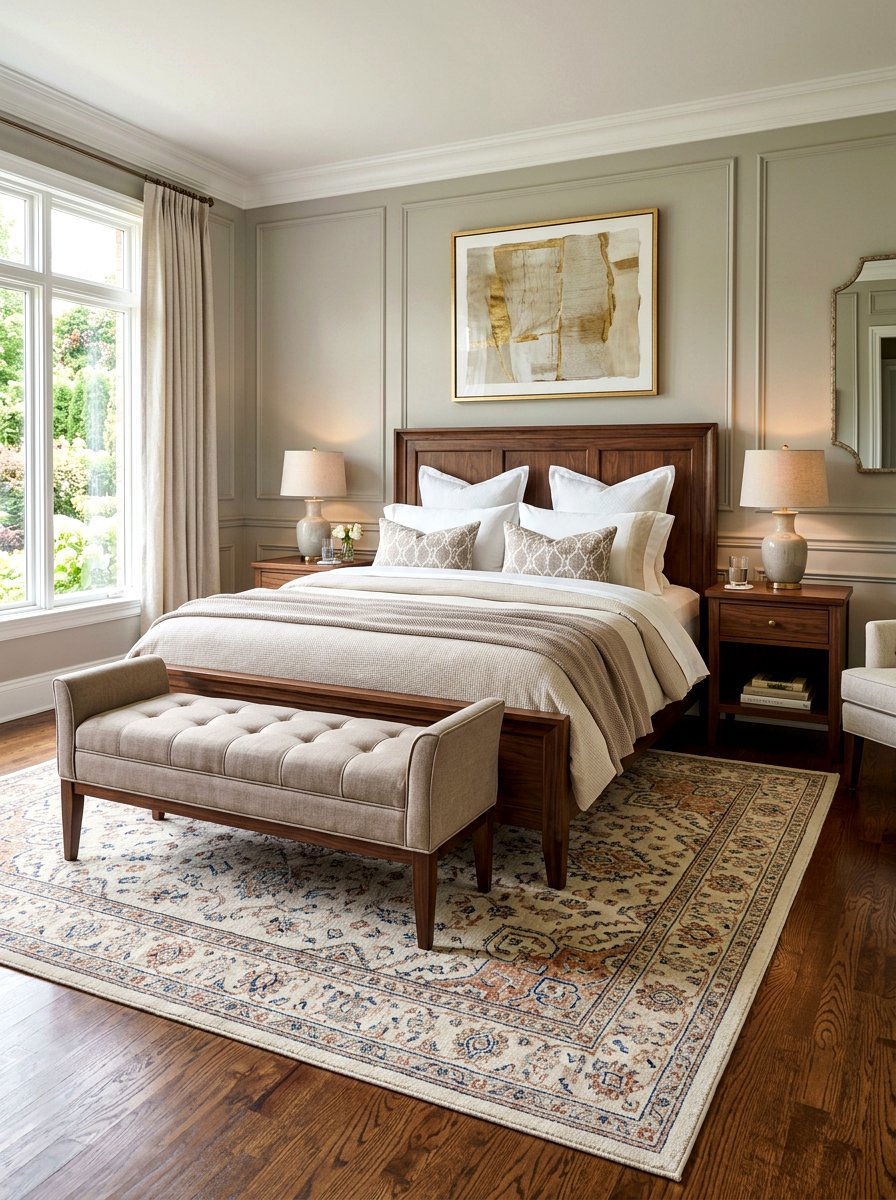 Taupe bench with walnut legs - 30 taupe and walnut bedroom ideas