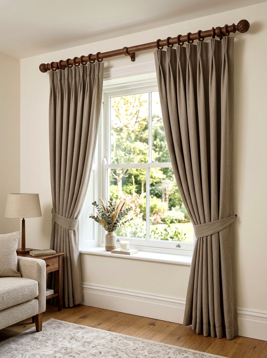 Taupe drapes with walnut curtain rods - 30 taupe and walnut bedroom ideas