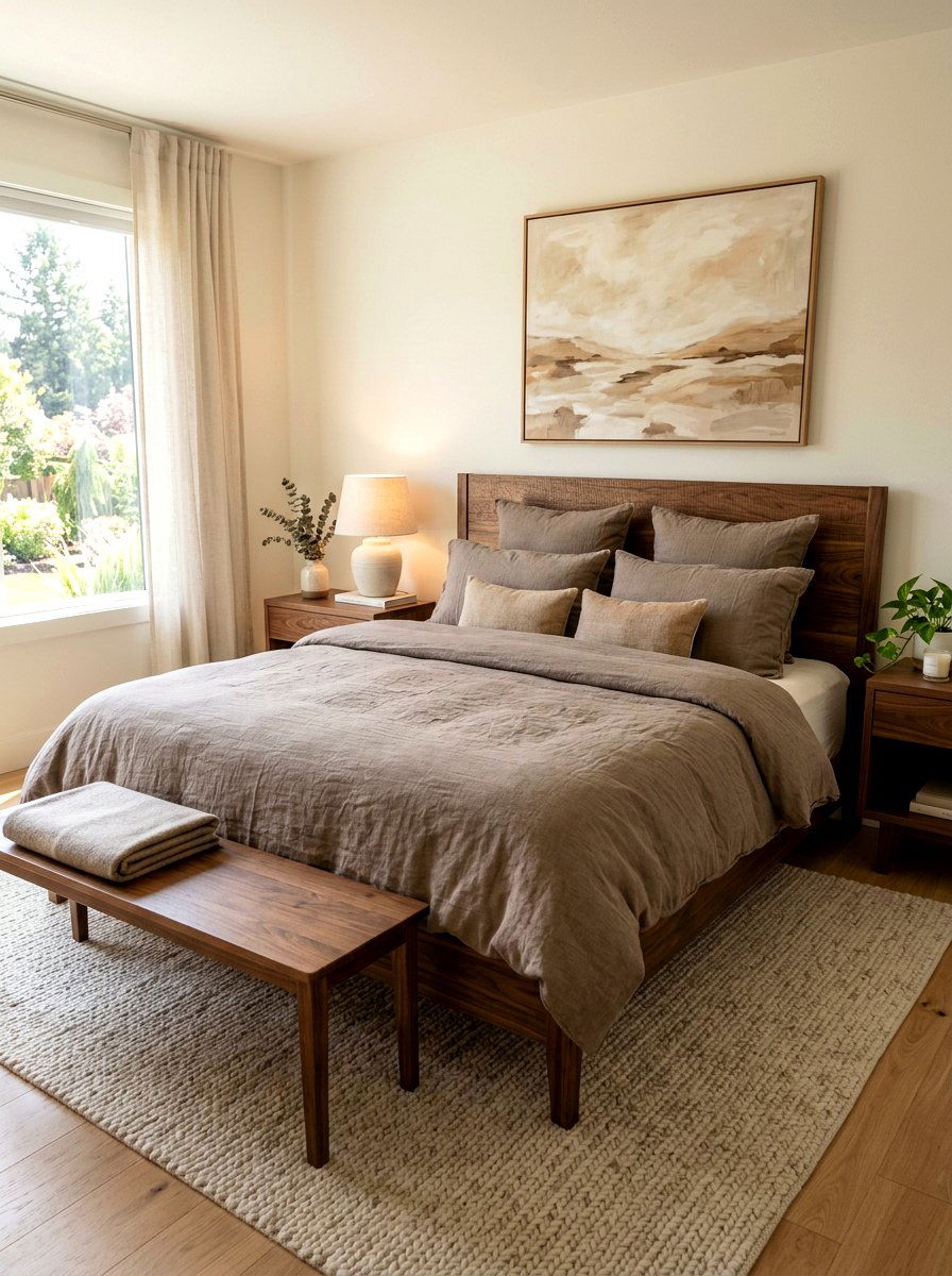 Taupe duvet cover with walnut bed - 30 taupe and walnut bedroom ideas
