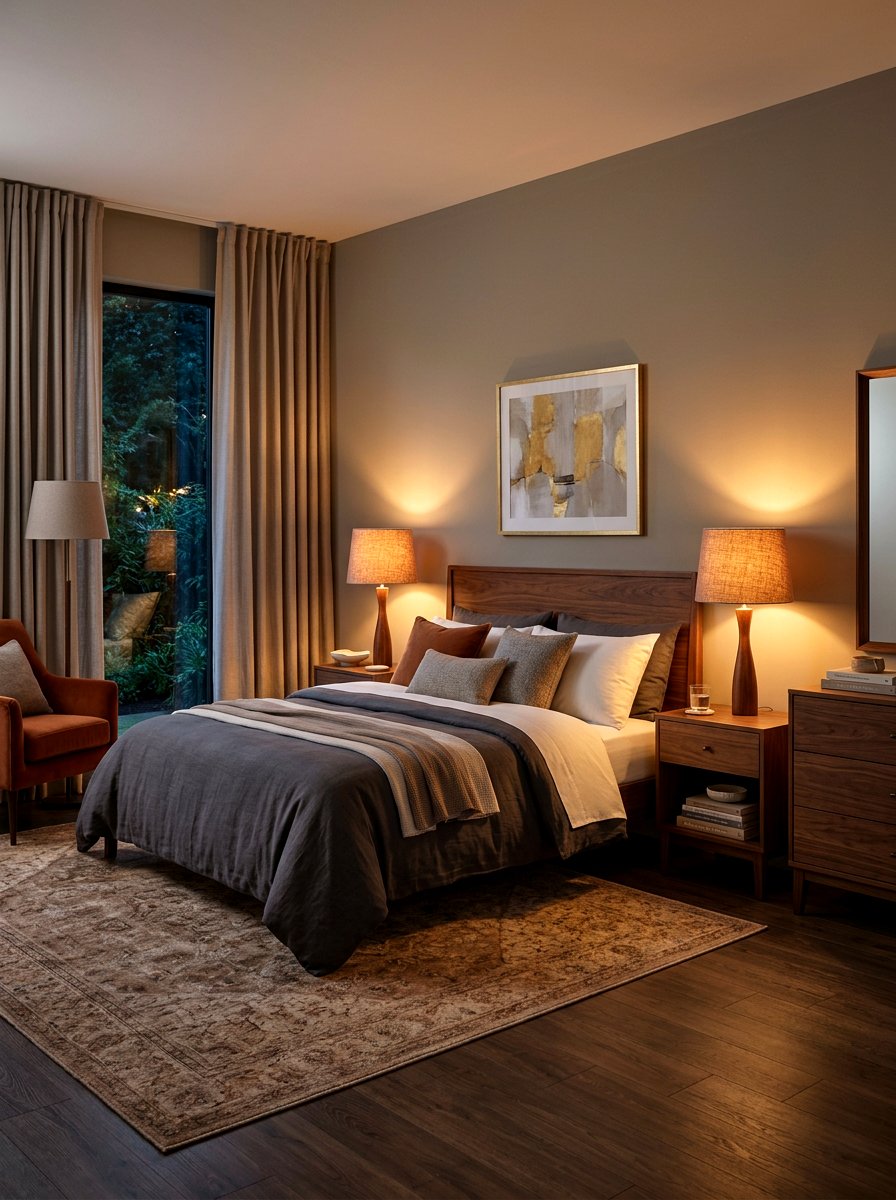 Taupe lampshades with walnut lamp base - 30 taupe and walnut bedroom ideas