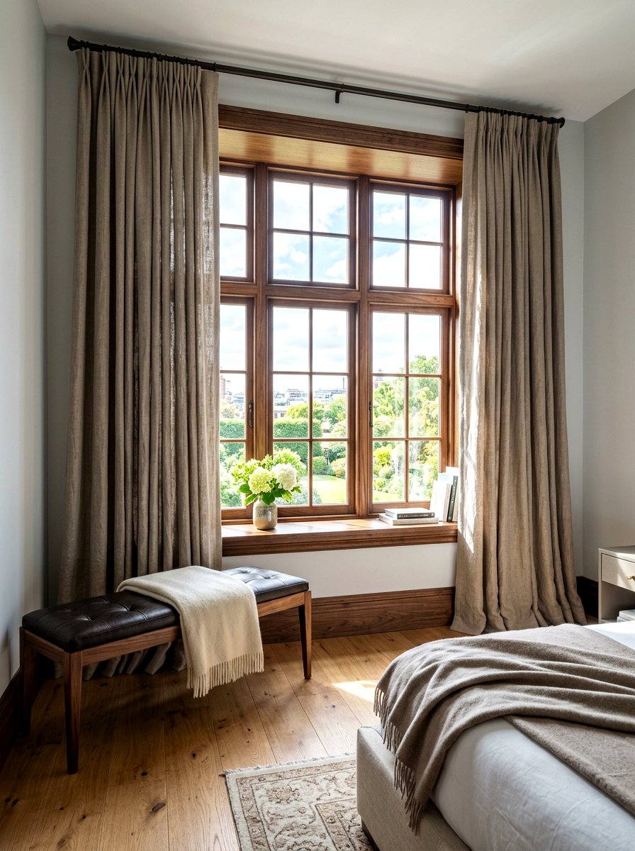 Taupe linen curtains with walnut window trim - 30 taupe and walnut bedroom ideas