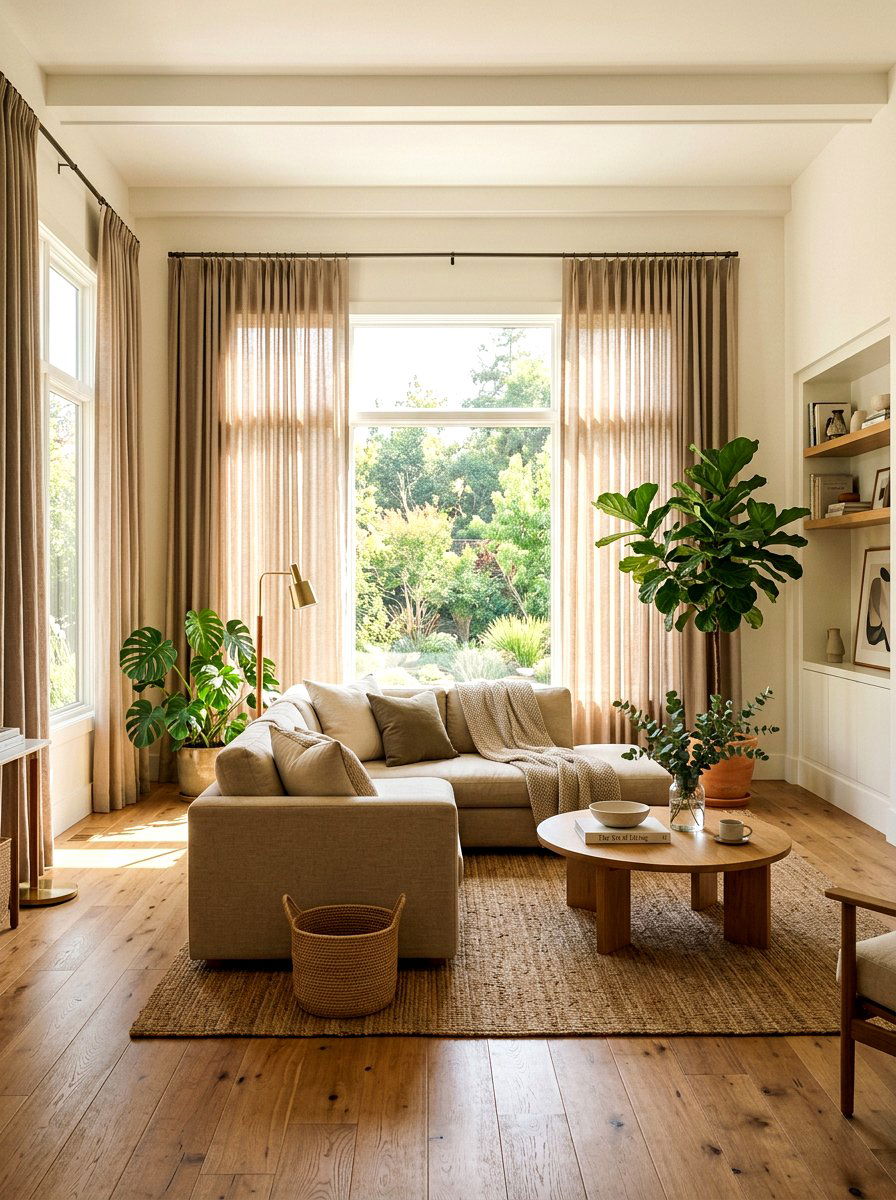 Taupe linen curtains - 30 tonal brown living room ideas