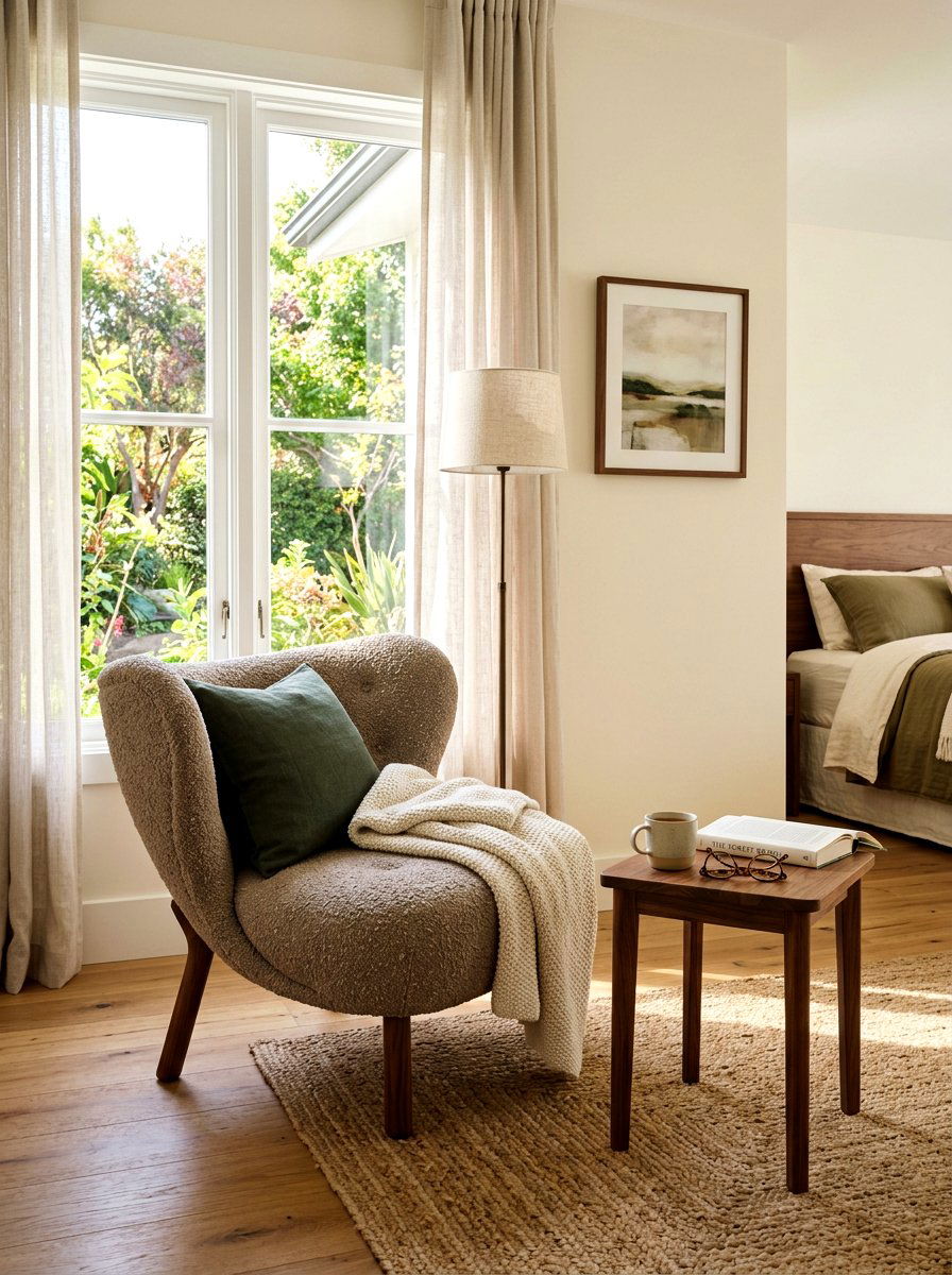 Taupe lounge chair with walnut legs - 30 taupe and walnut bedroom ideas