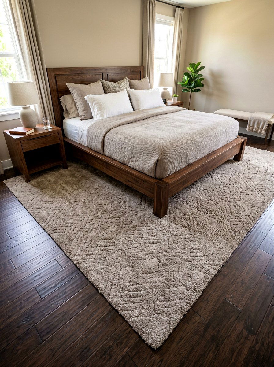 Taupe rug under walnut bed frame - 30 taupe and walnut bedroom ideas