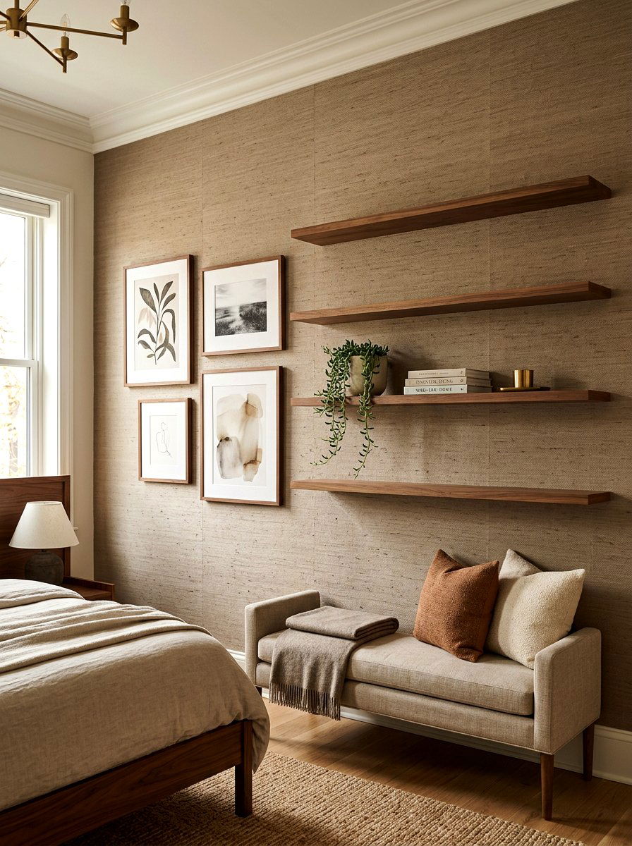 Taupe textured wallpaper with walnut accents - 30 taupe and walnut bedroom ideas
